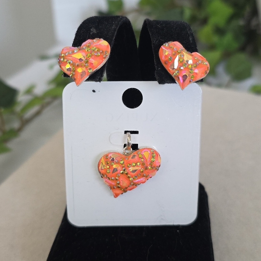 Orange Mosaic Sparkle Heart Pendant & Earring Set 925 Sterling Silver